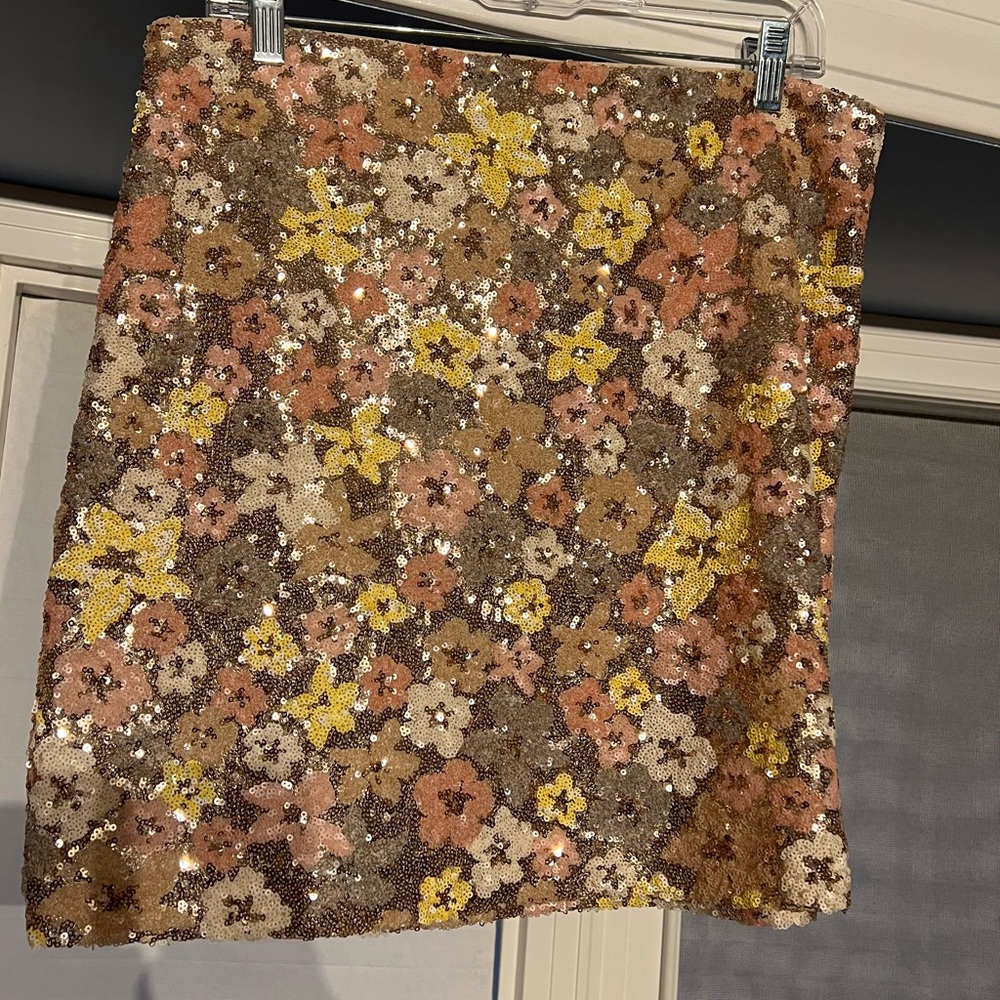 LOFT Sequined Floral Mini Skirt in Yellow, Pink, Brown